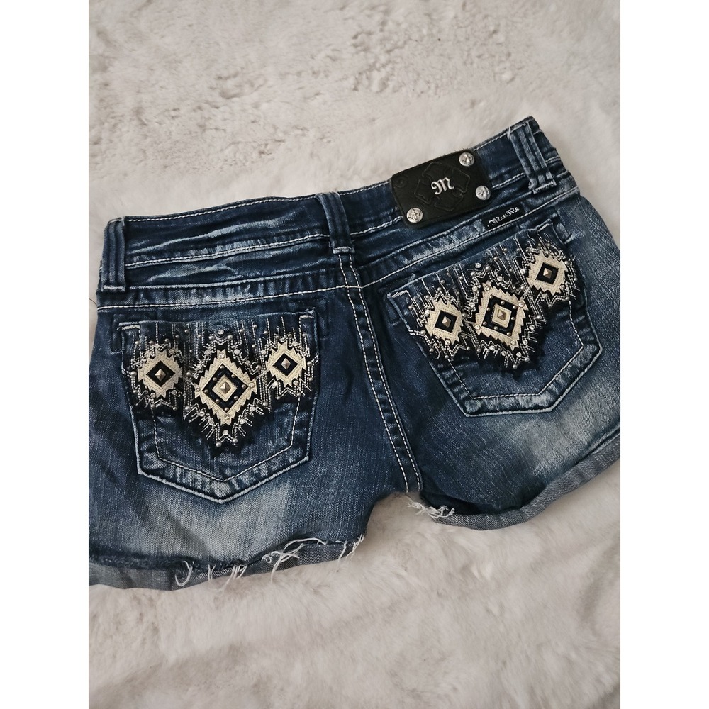 Miss Me Embellished Aztec Diamond Denim Shorts Size 30 Dark Wash JW5416H